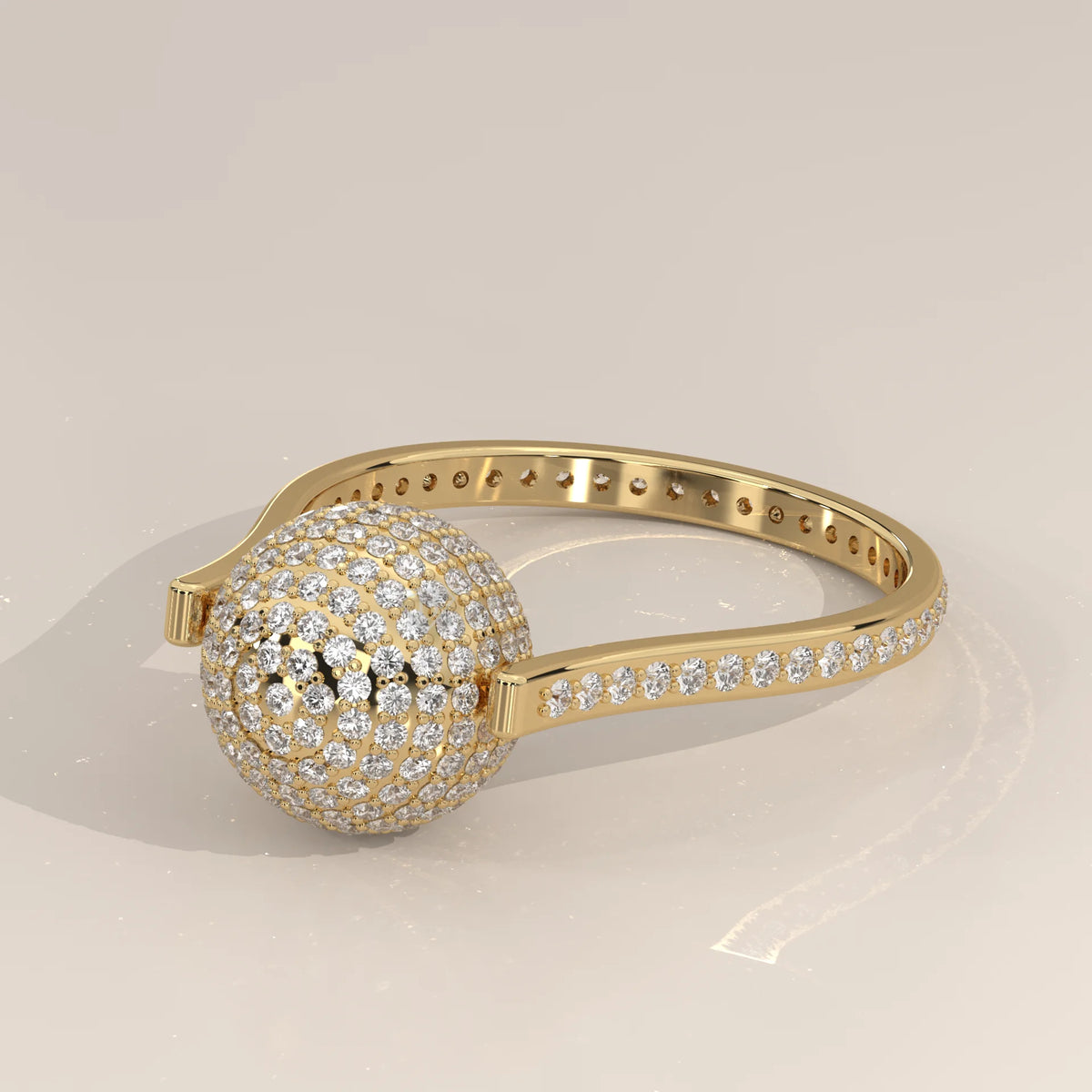 Round Lab Grown Diamond Pave Sphere Ring on a Pave Band in yellow gold, shown from the side.