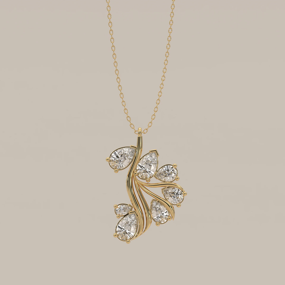Pear Cluster Lab Grown Diamond Leaf Spray Pendant in yellow gold, shown from the front.