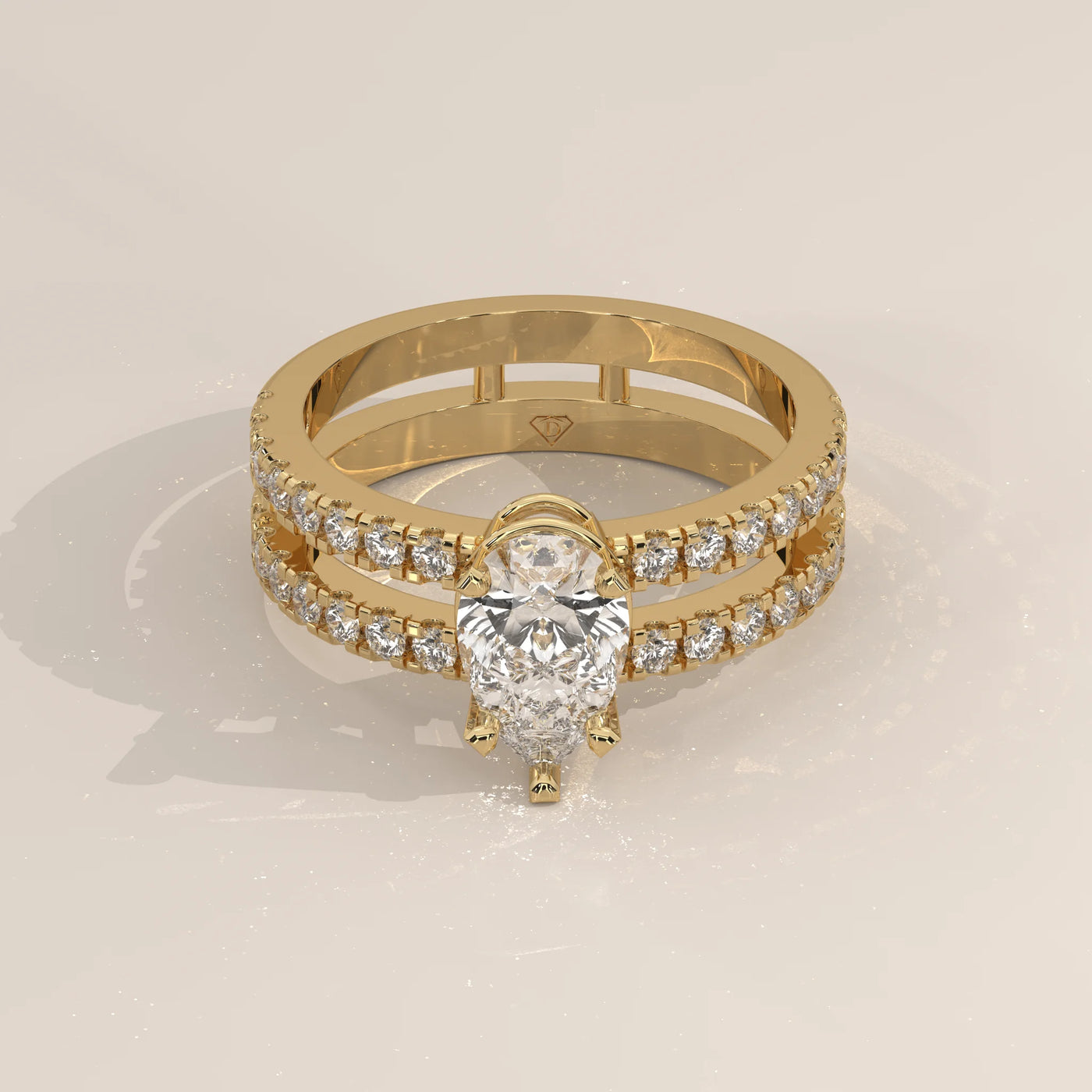 Three-Quarter View: Pear Diamond Ring with Pavé Setting in Yellow Gold – Lab Grown – Driona Jewels