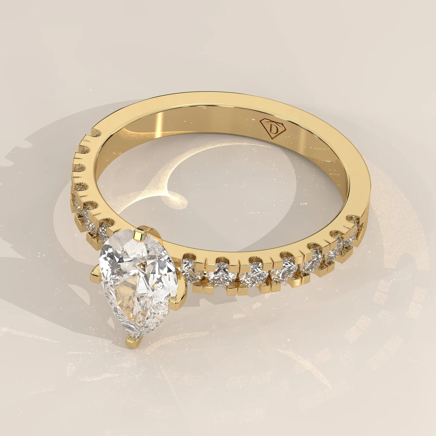 Angle View: Pear Diamond Engagement Ring with Pavé Setting in Yellow Gold – Lab Grown – Driona Jewels