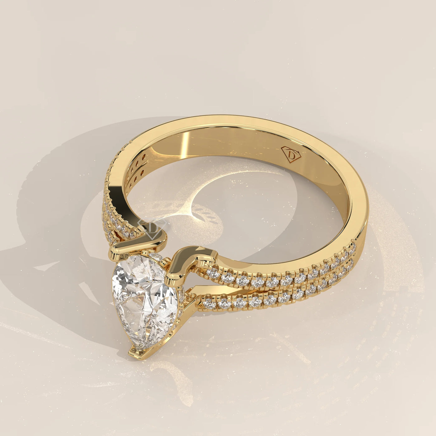 Angle View: Pear Diamond Engagement Ring with Pavé Setting in Yellow Gold – Lab Grown – Driona Jewels