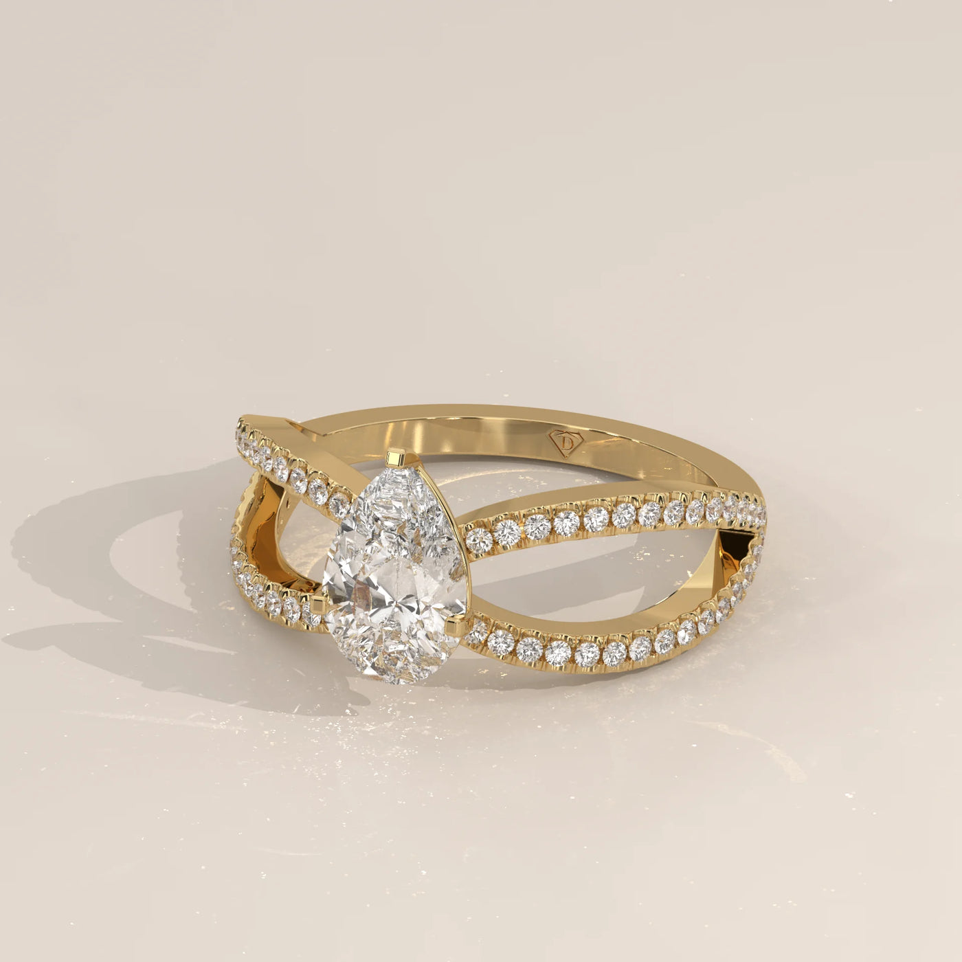 Angle View: Pear Diamond Ring with Split Shank Setting in Yellow Gold – Lab Grown – Driona Jewels
