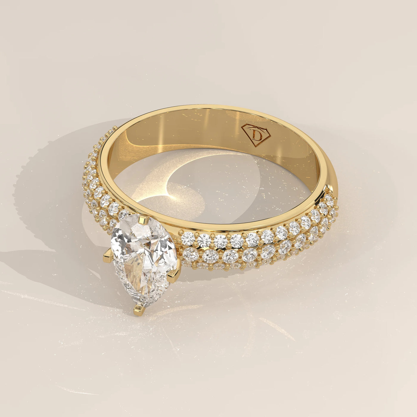 Angle View: Pear Diamond Engagement Ring with Pavé Setting in Yellow Gold – Lab Grown – Driona Jewels