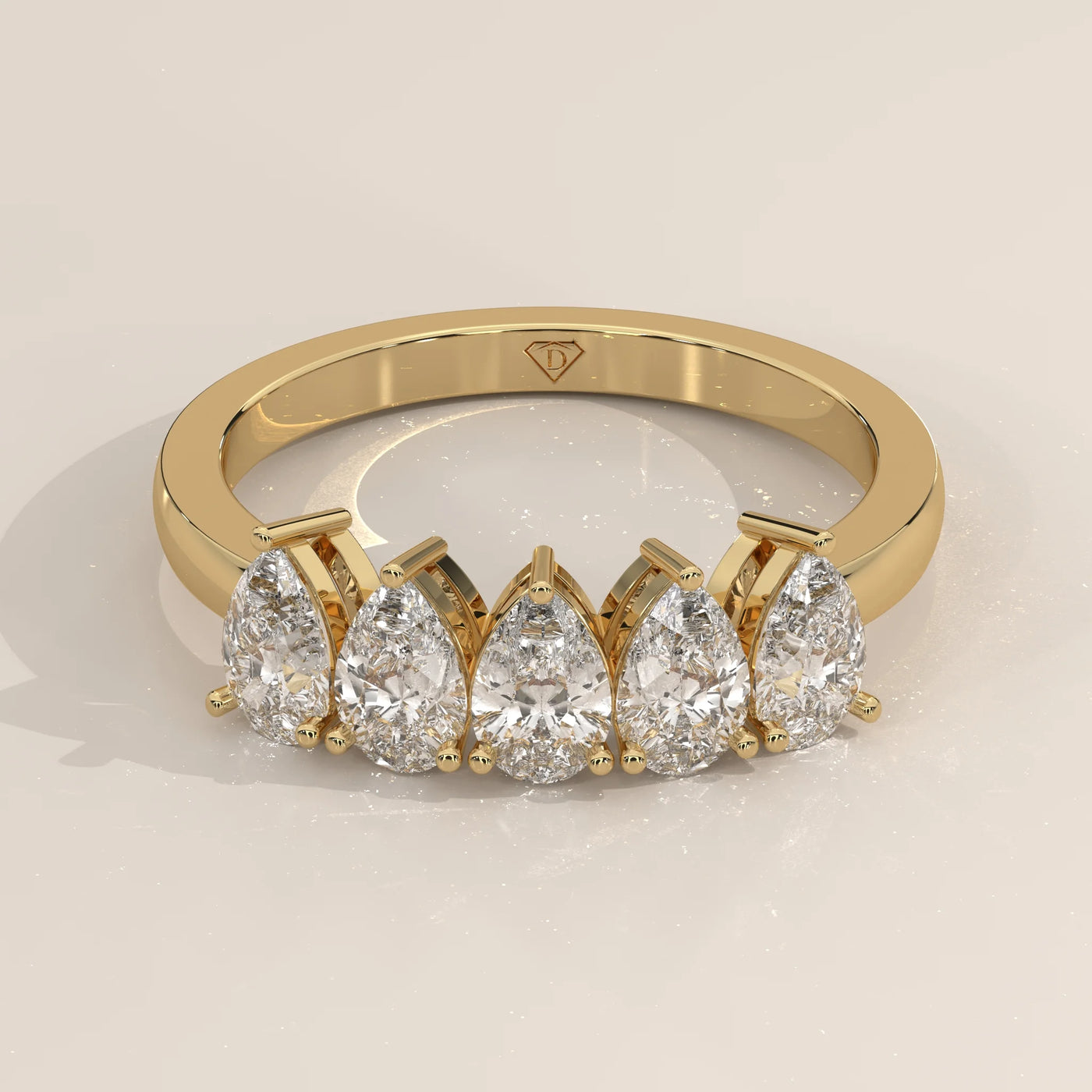Three-Quarter View: Pear Diamond Band with Prong Setting in Yellow Gold – Lab Grown – Driona Jewels