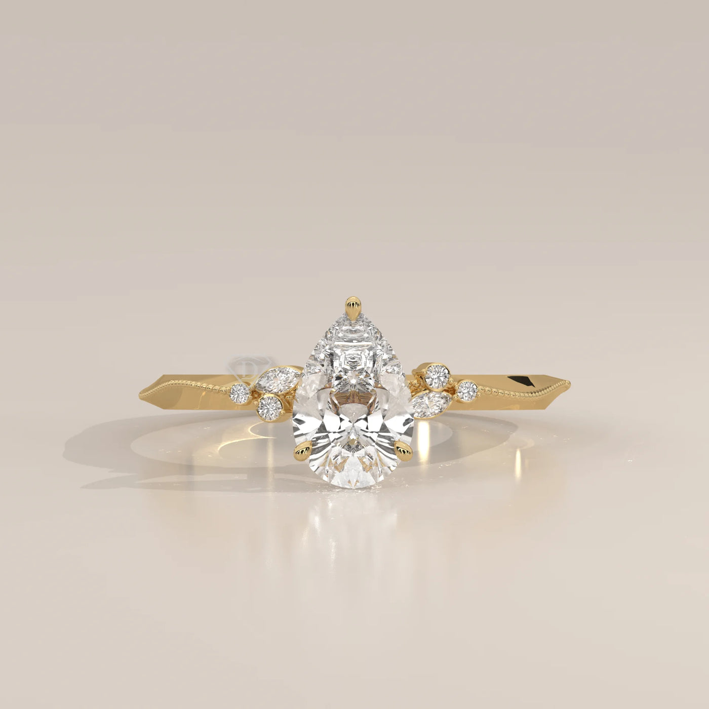 Elegant 14k gold ring with a pear-shaped diamond and intricate band design.