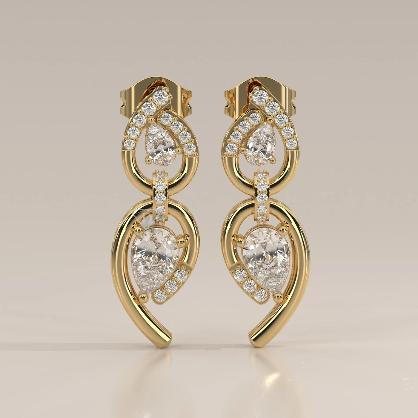 Front View: Pear Diamond Drop Earrings with Prong Setting in Yellow Gold – Lab Grown – Driona Jewels