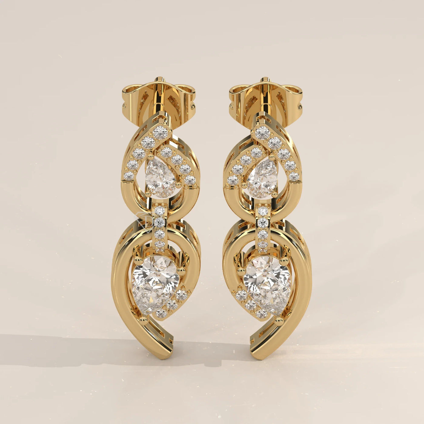 Pair Front View: Pear Diamond Drop Earrings with Prong Setting in Yellow Gold – Lab Grown – Driona Jewels