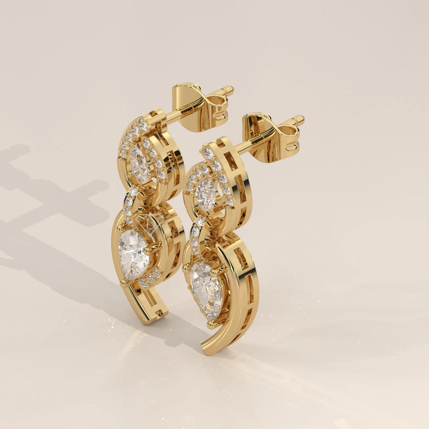Three-Quarter View: Pear Diamond Drop Earrings with Prong Setting in Yellow Gold – Lab Grown – Driona Jewels