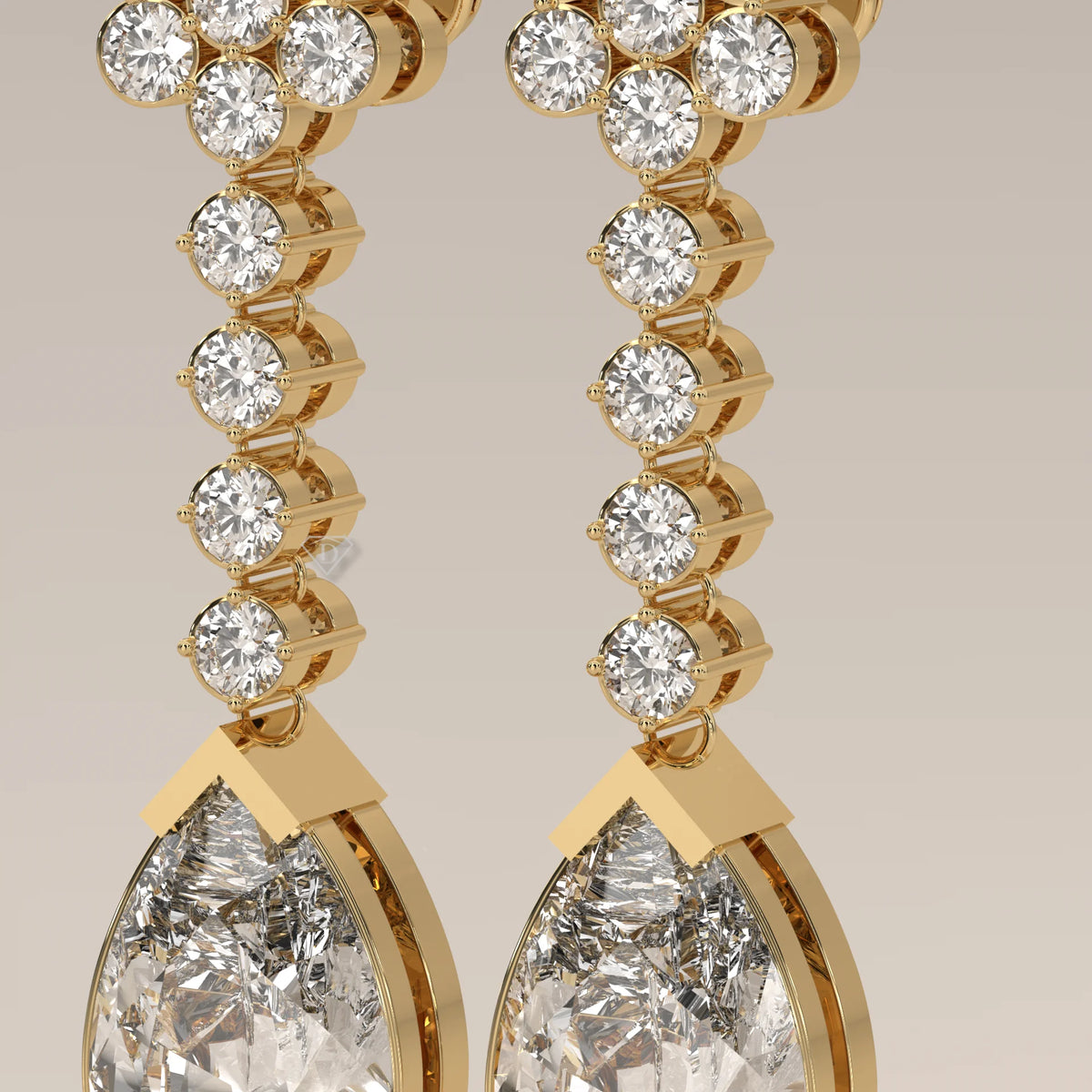 Pear Drop Lab Grown Diamond Earrings with Flower Cluster Top in yellow gold, photographed head-on.
