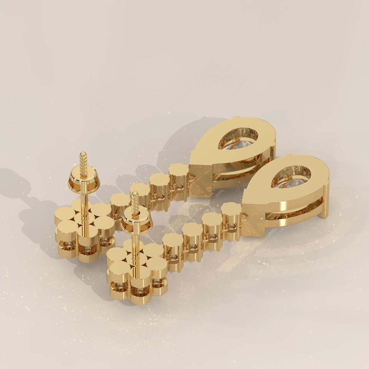 Pear Drop Lab Grown Diamond Earrings with Flower Cluster Top in yellow gold, side profile view.