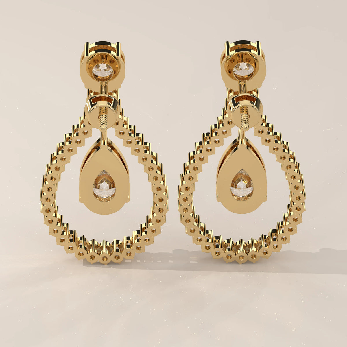 Pear Drop Lab Grown Diamond Earrings in an Open Teardrop Frame in yellow gold, photographed head-on.