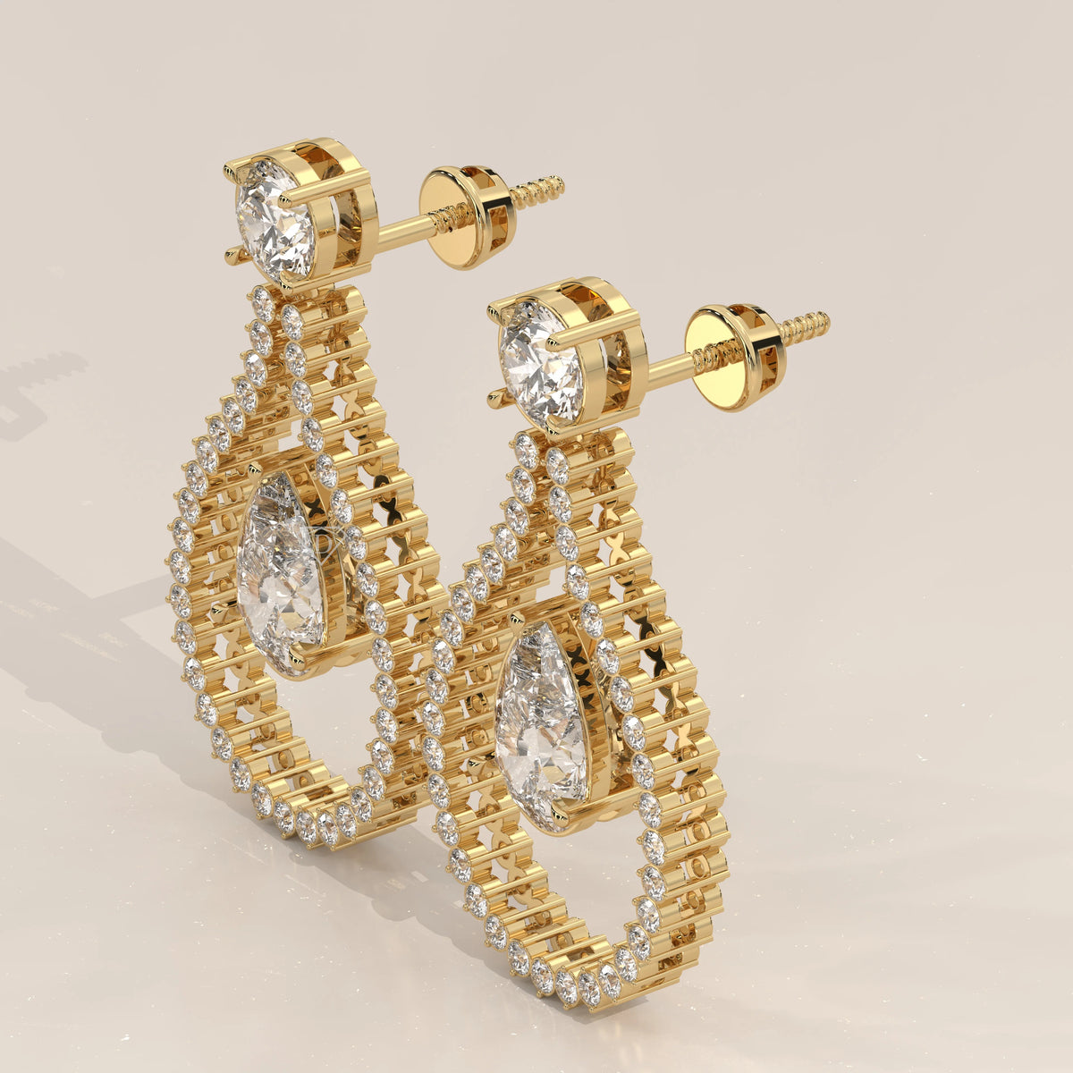 Pear Drop Lab Grown Diamond Earrings in an Open Teardrop Frame in yellow gold, shown from the side.