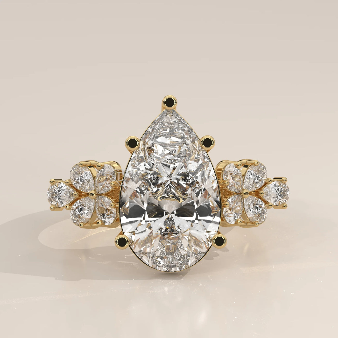 Side Profile: Pear Diamond Engagement Ring with Cluster Setting in Yellow Gold – Lab Grown – Driona Jewels