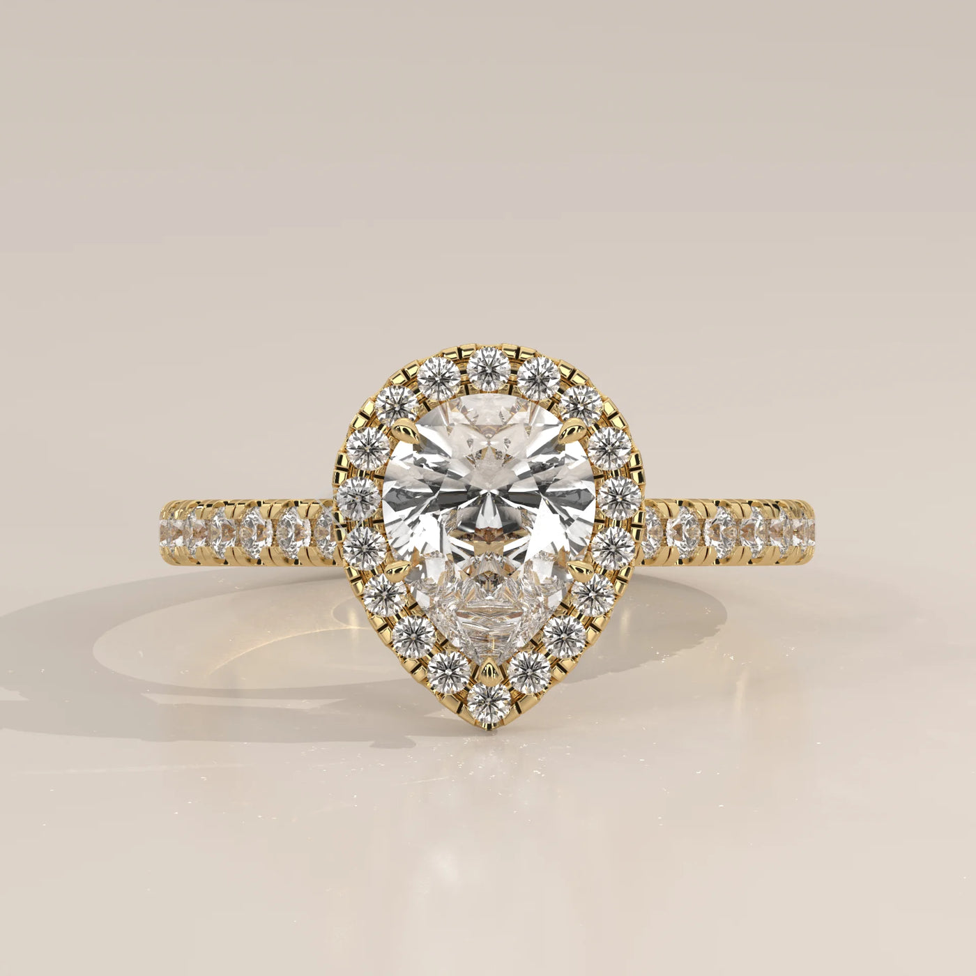 Side Profile: Pear Diamond Engagement Ring with Halo Setting in Yellow Gold – Lab Grown – Driona Jewels