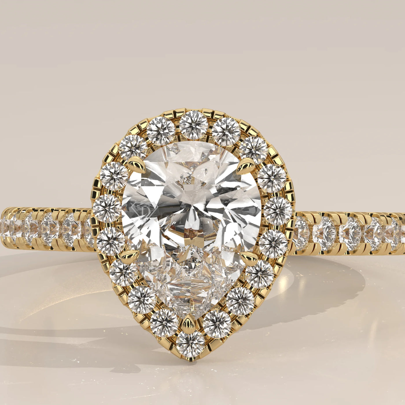 Stone Detail: Pear Lab Grown Diamonds in Halo Setting – Yellow Gold – Driona Jewels