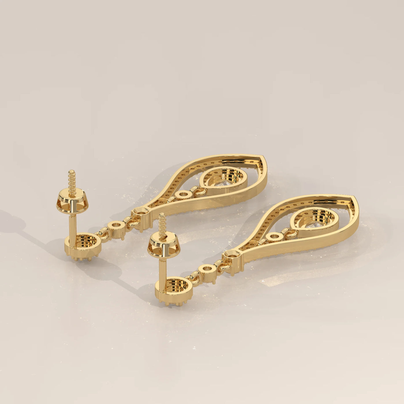 Angle View: Pear Diamond Drop Earrings with Halo Setting in Yellow Gold – Lab Grown – Driona Jewels