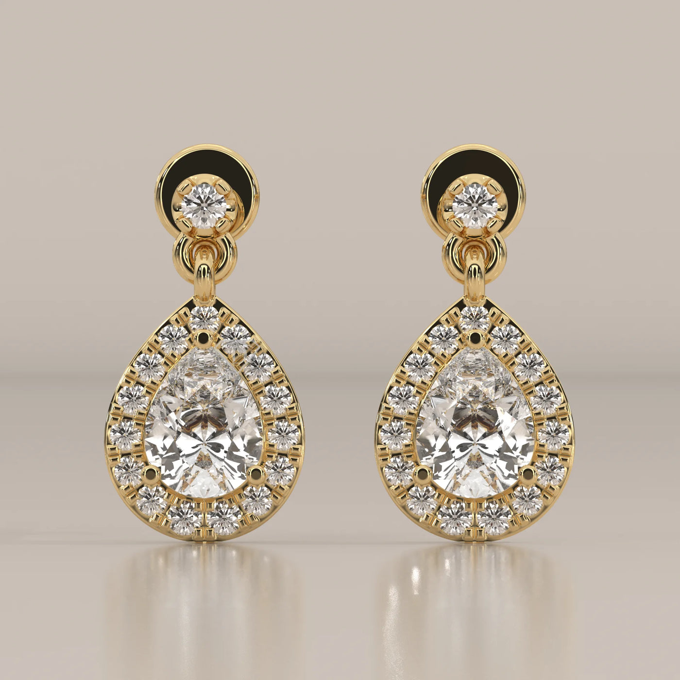 Front View: Pear Diamond Drop Earrings with Halo Setting in Yellow Gold – Lab Grown – Driona Jewels