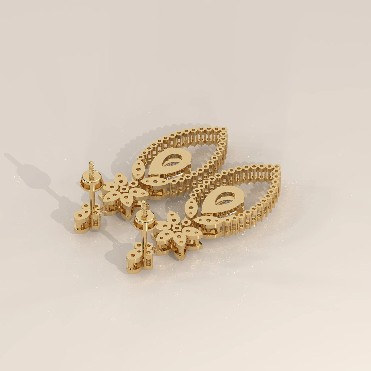 Pear Lab Grown Diamond Chandelier Earrings with Pave Flower Top in yellow gold, product photograph on a plain background.