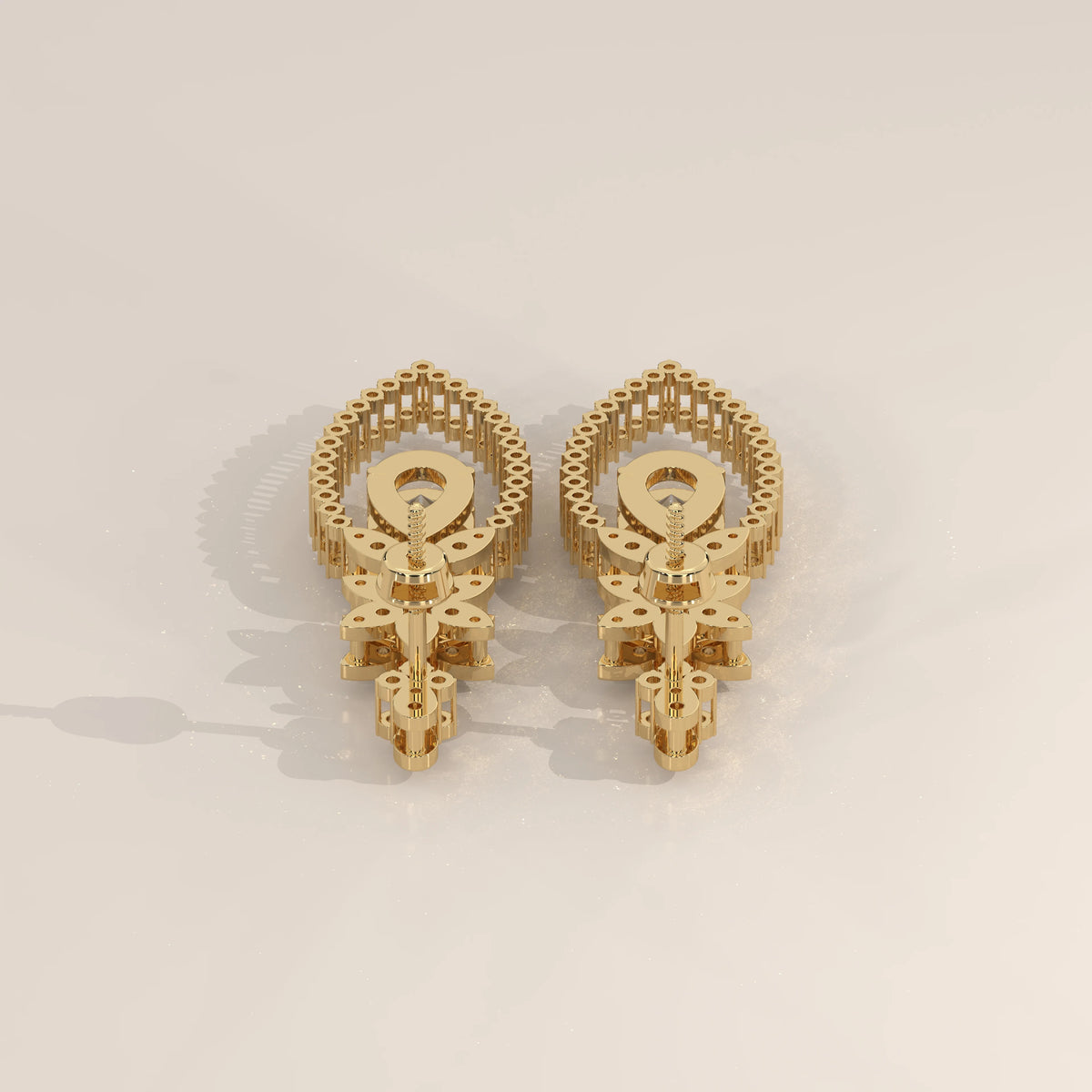 Pear Lab Grown Diamond Chandelier Earrings with Pave Flower Top in yellow gold, front view on a plain background.