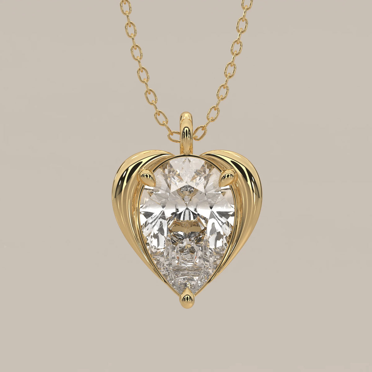 Pear Lab Grown Diamond Pendant Cradled in a Sculpted Heart Frame in yellow gold, front view on a plain background.