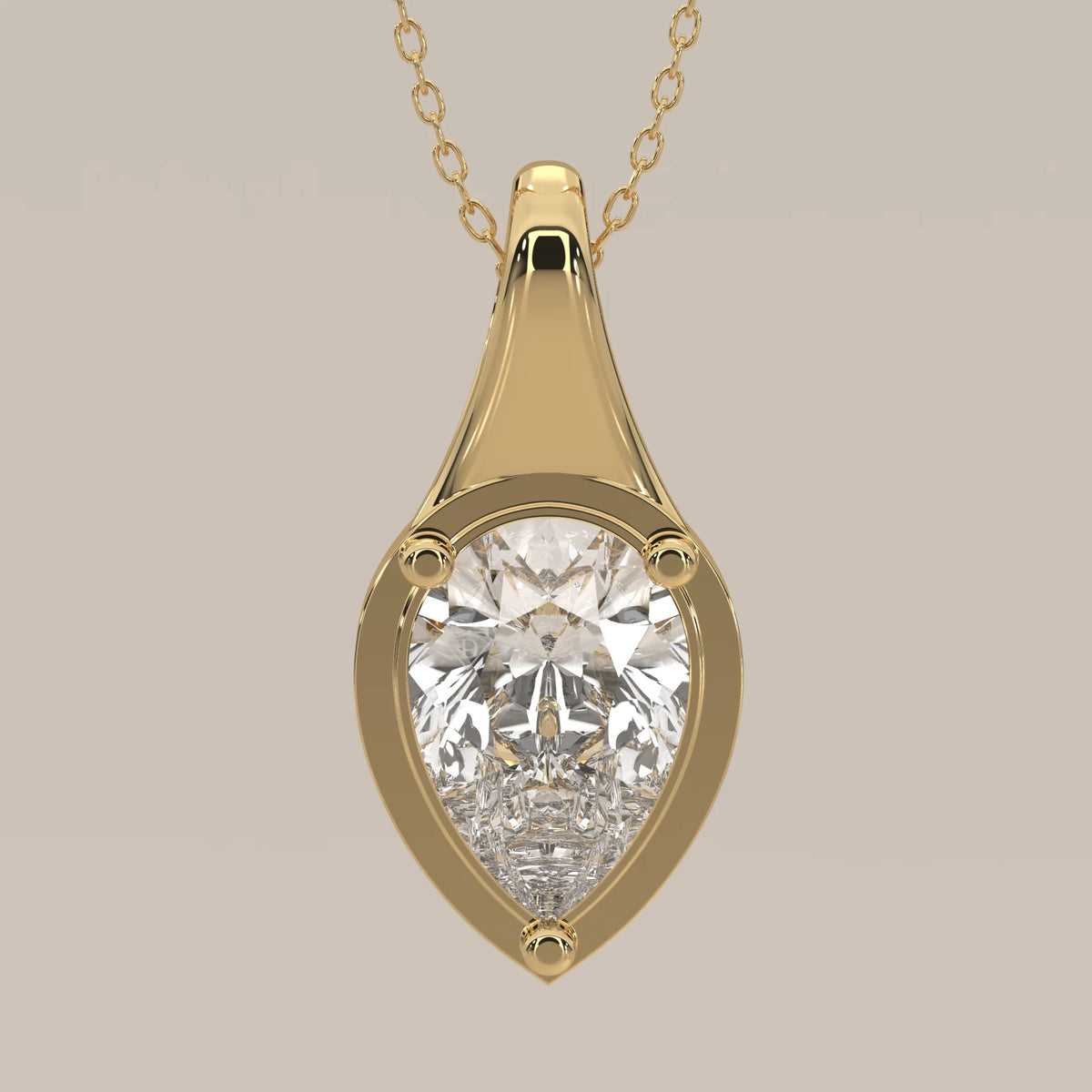 Pear Lab Grown Diamond Pendant in a Tapered Teardrop Frame in yellow gold, photographed head-on.