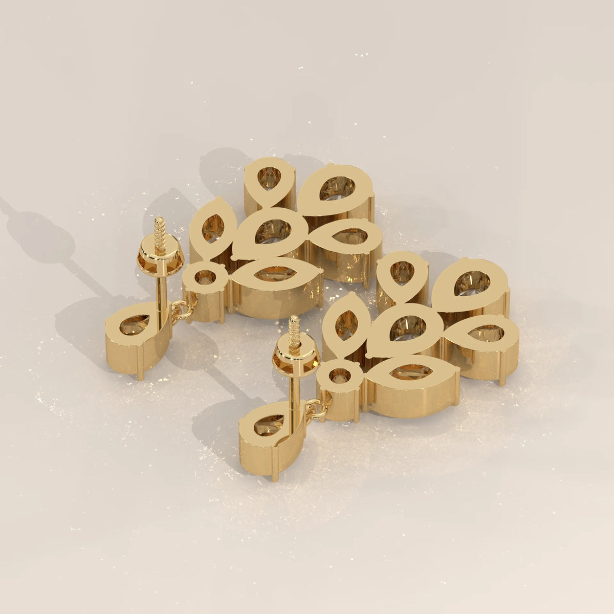 Pear and Marquise Lab Grown Diamond Leaf Cluster Drop Earrings in yellow gold, product photograph on a plain background.
