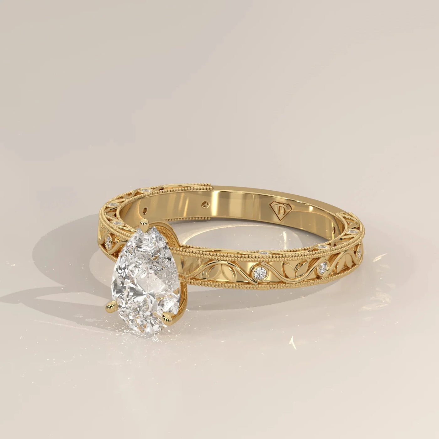 Side Profile: Pear Diamond Ring with Openwork Setting in Yellow Gold – Lab Grown – Driona Jewels