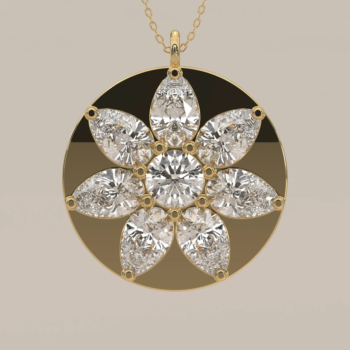 Pear Petal Lab Grown Diamond Flower Set in a Gold Disc Medallion in yellow gold, photographed head-on.