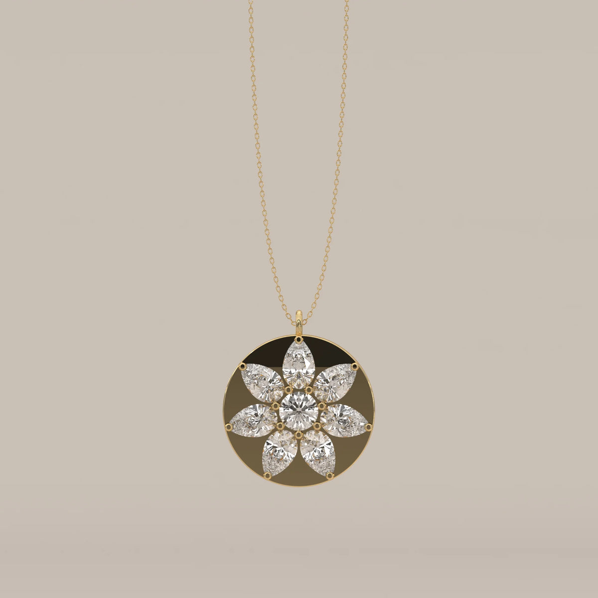 Pear Petal Lab Grown Diamond Flower Set in a Gold Disc Medallion in yellow gold, shown from the front.