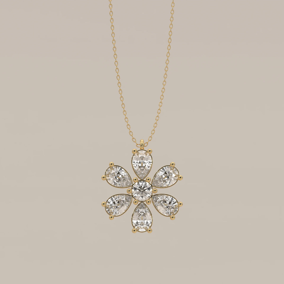 Pear Petal Lab Grown Diamond Flower Pendant with Round Centre in yellow gold, shown from the front.