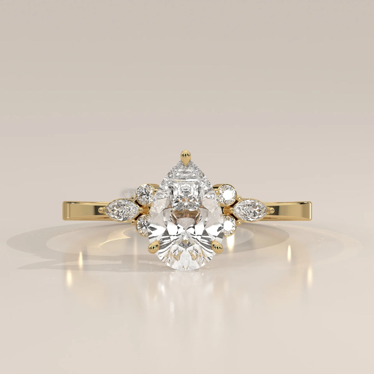 A delicate 14k gold engagement ring featuring a pear-shaped center diamond surrounded by smaller diamonds.
