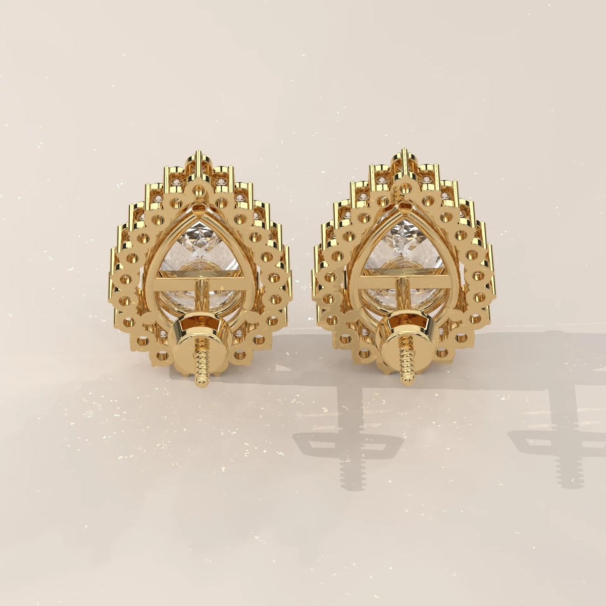 Pear Shape Halo Lab Grown Diamond Stud Earrings with Screw Backs in yellow gold, shown on a plain background.