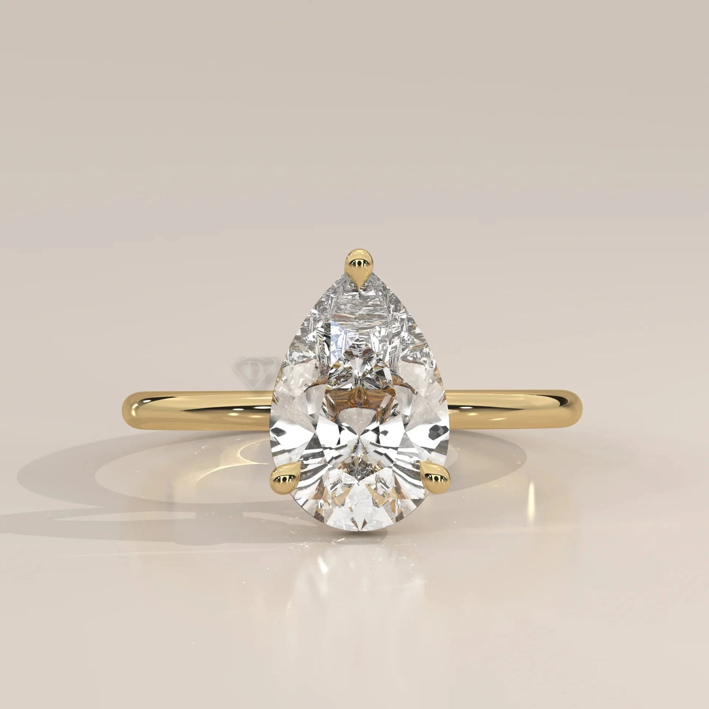 Front View: Pear Diamond Ring with Solitaire Setting in Yellow Gold – Lab Grown – Driona Jewels