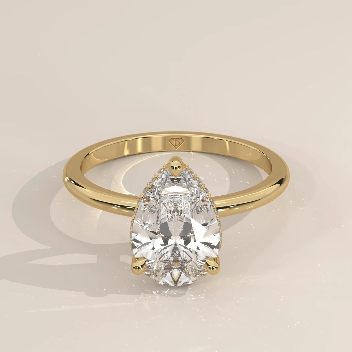 Front View: Pear Diamond Ring with Solitaire Setting in Yellow Gold – Lab Grown – Driona Jewels