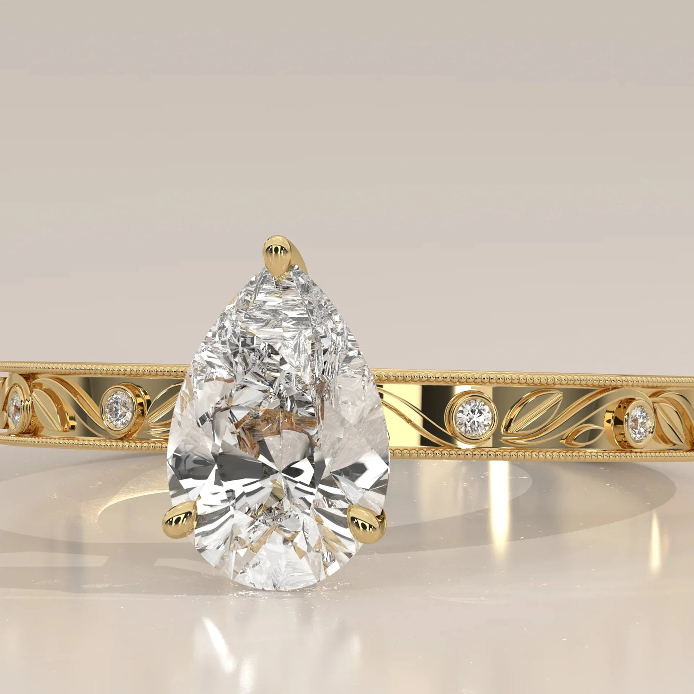 Angle View: Pear Diamond Ring with Solitaire Setting in Yellow Gold – Lab Grown – Driona Jewels