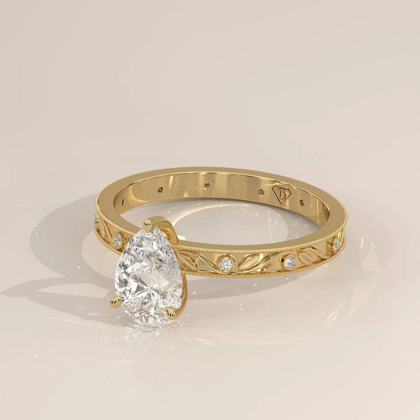 Front View: Pear Diamond Ring with Solitaire Setting in Yellow Gold – Lab Grown – Driona Jewels