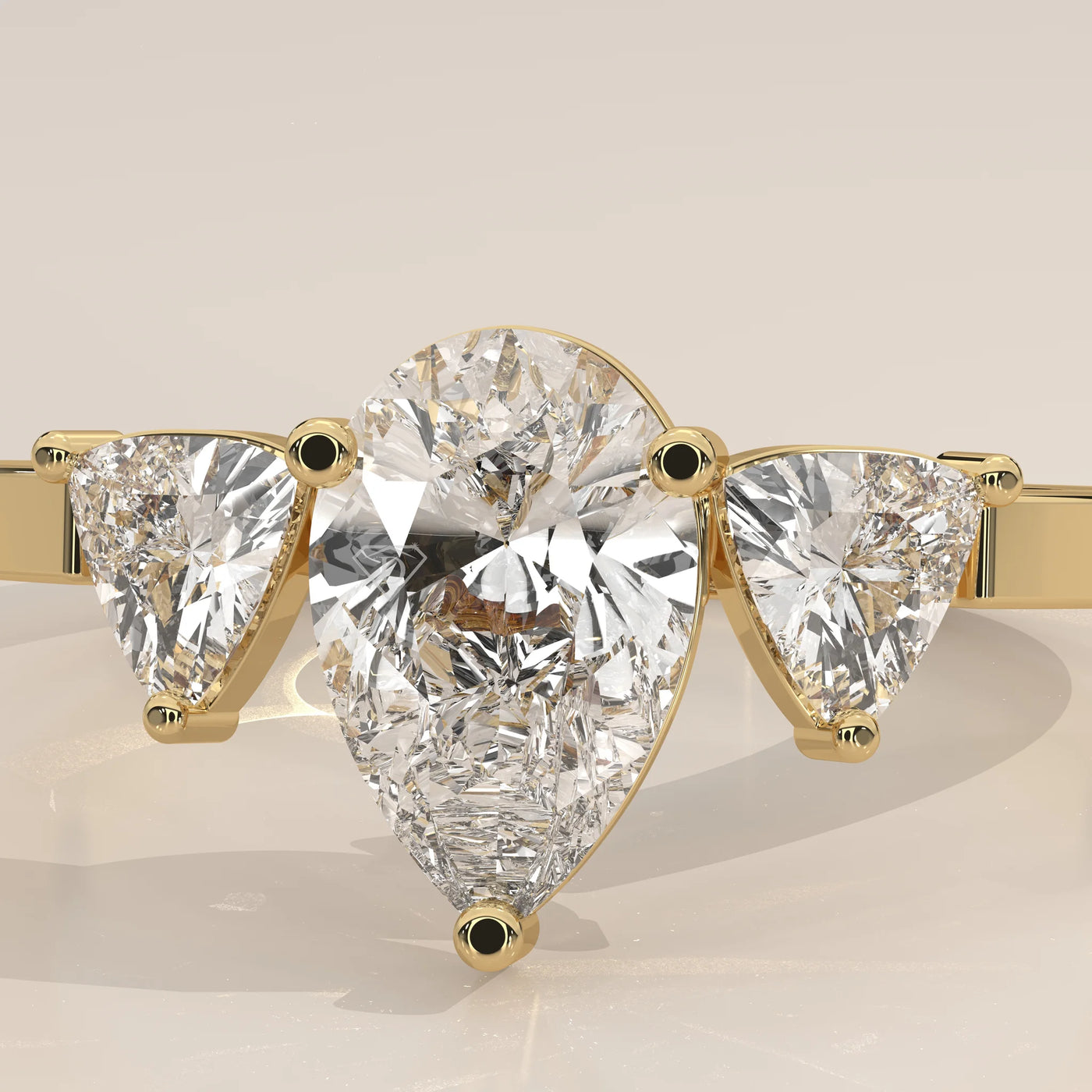 Stone Detail: Pear Lab Grown Diamonds in Three-Stone Setting – Yellow Gold – Driona Jewels