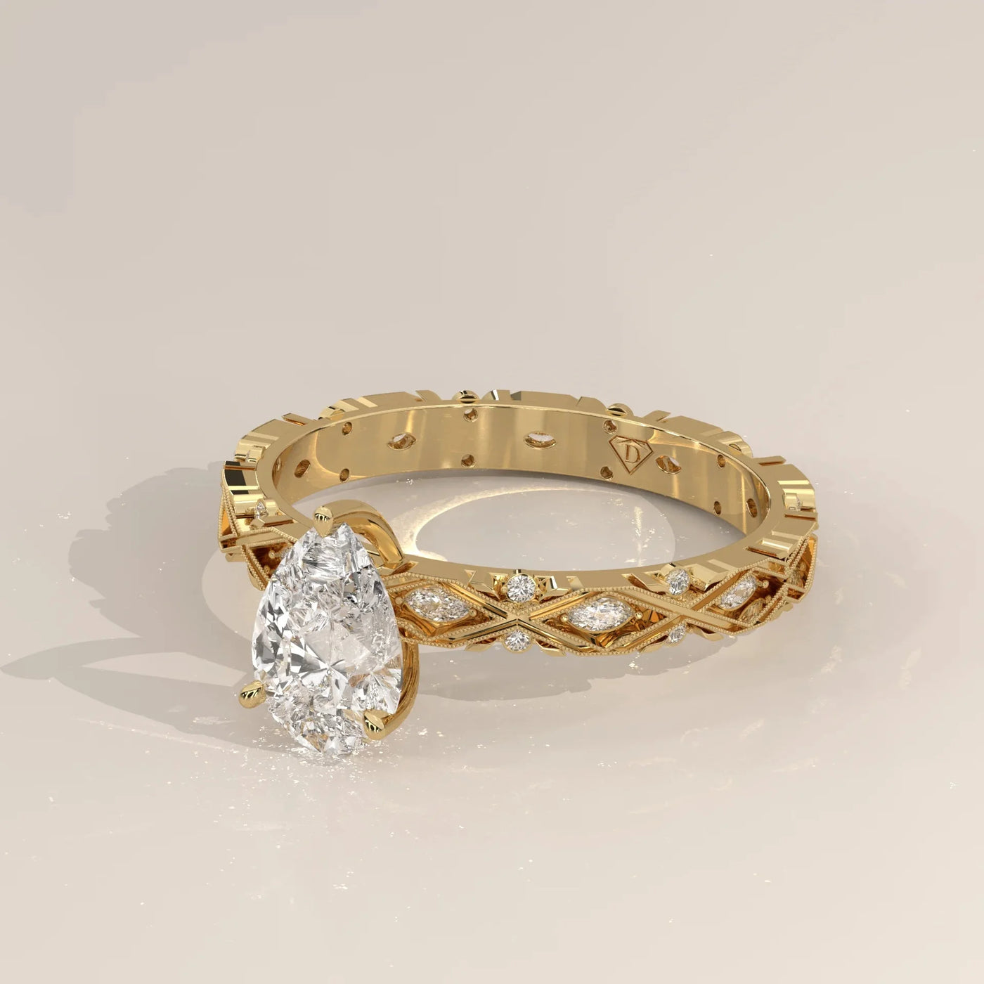 Angle View: Pear Diamond Ring with Solitaire Setting in Yellow Gold – Lab Grown – Driona Jewels