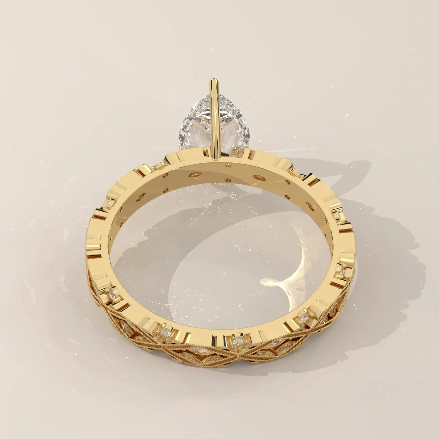 Top View: Pear Diamond Ring with Solitaire Setting in Yellow Gold – Lab Grown – Driona Jewels