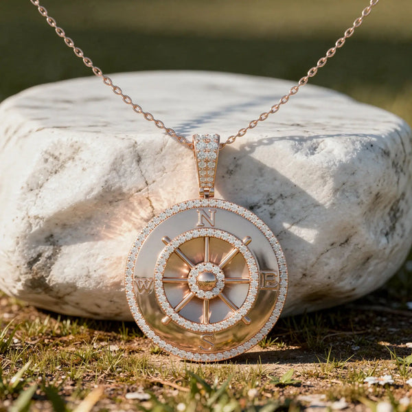 Front-View: Compass Diamond Pendant with Pave Setting in 14k Rose Gold - Lab Grown - Driona Jewels