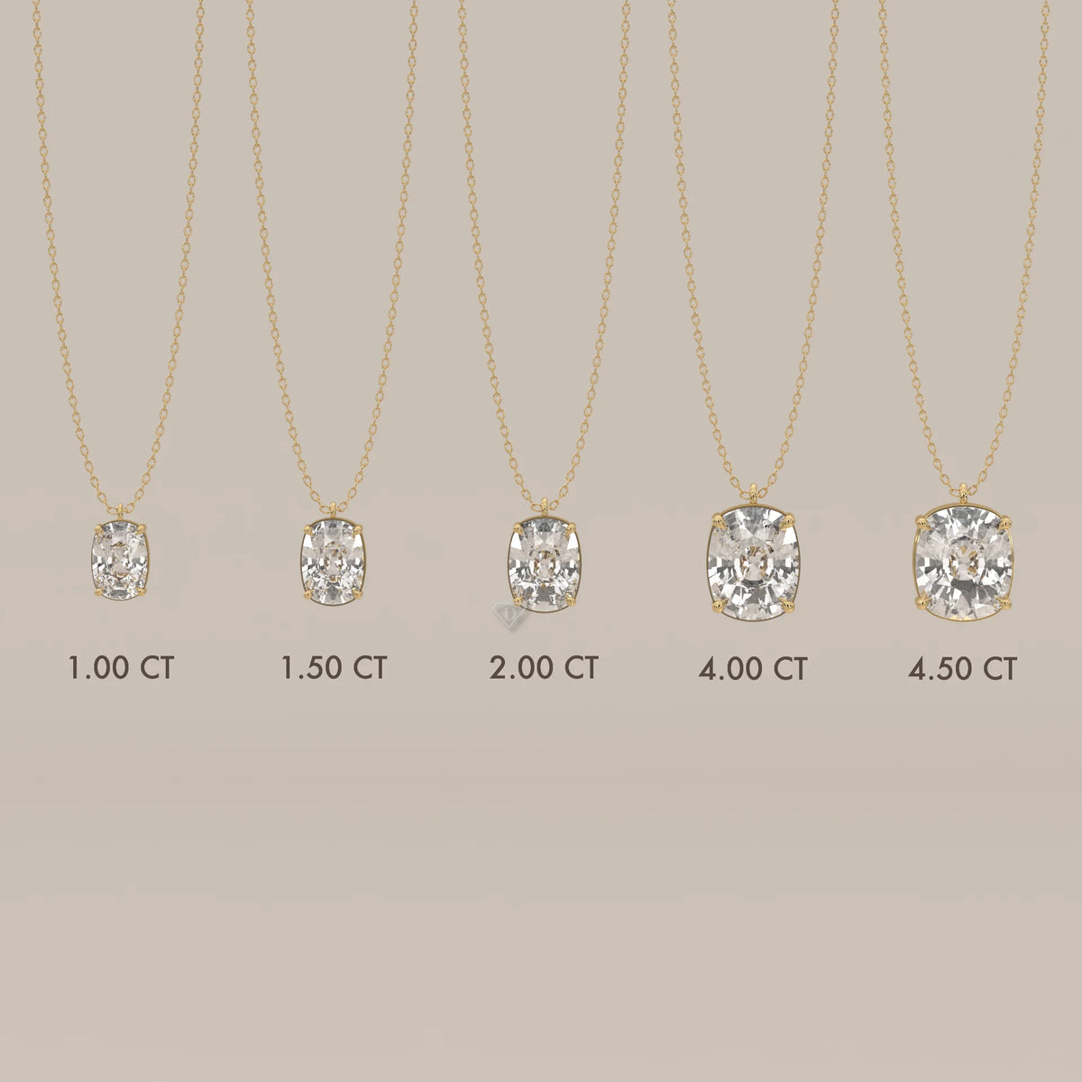 Collection of diamond pendants in yellow gold, showcasing different carat sizes.