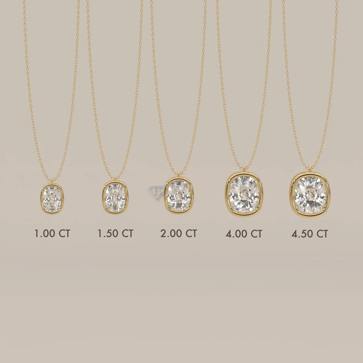 Five yellow gold pendants with cushion-cut diamonds of varying sizes.