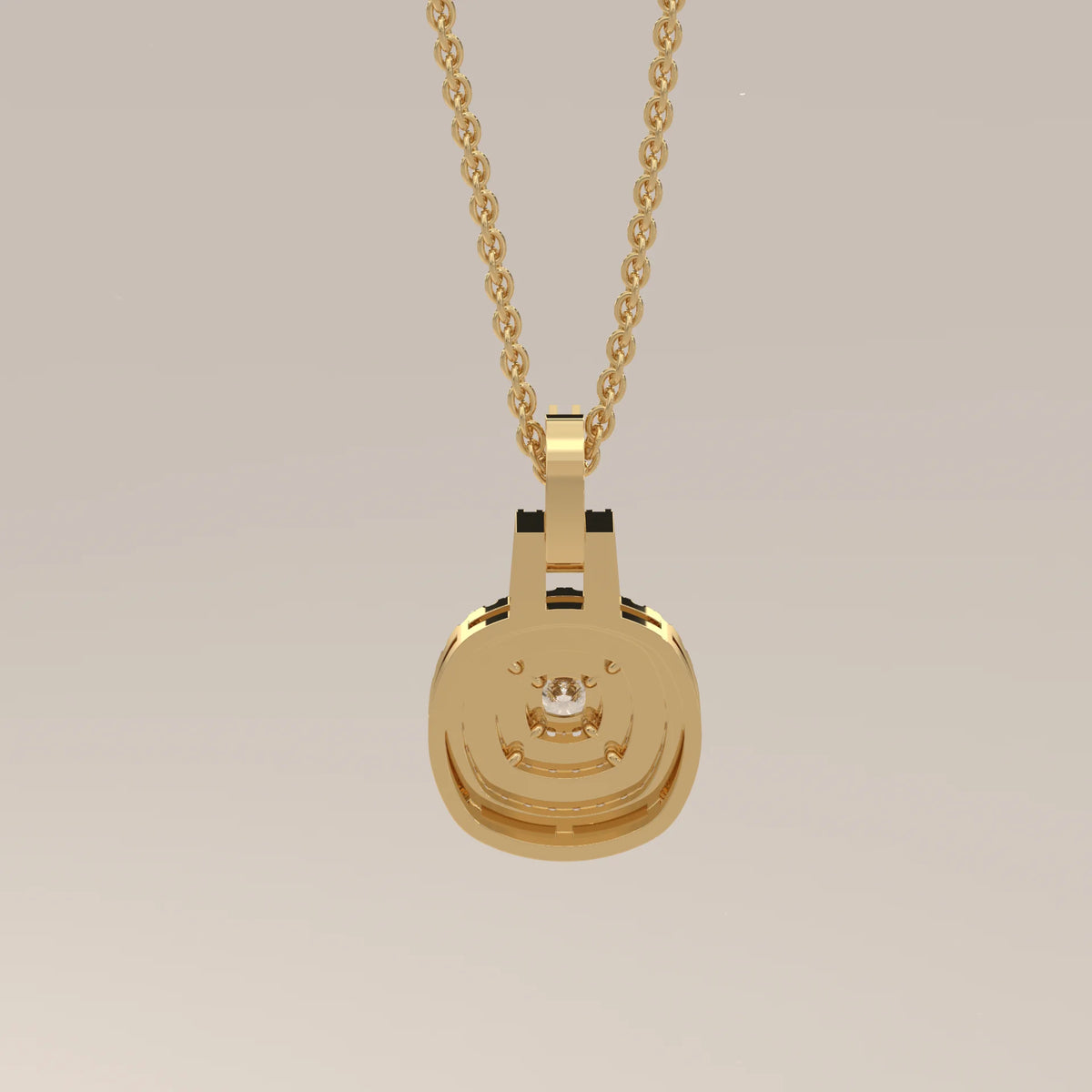 A gold pendant with a diamond on a gold chain, shown from the back.