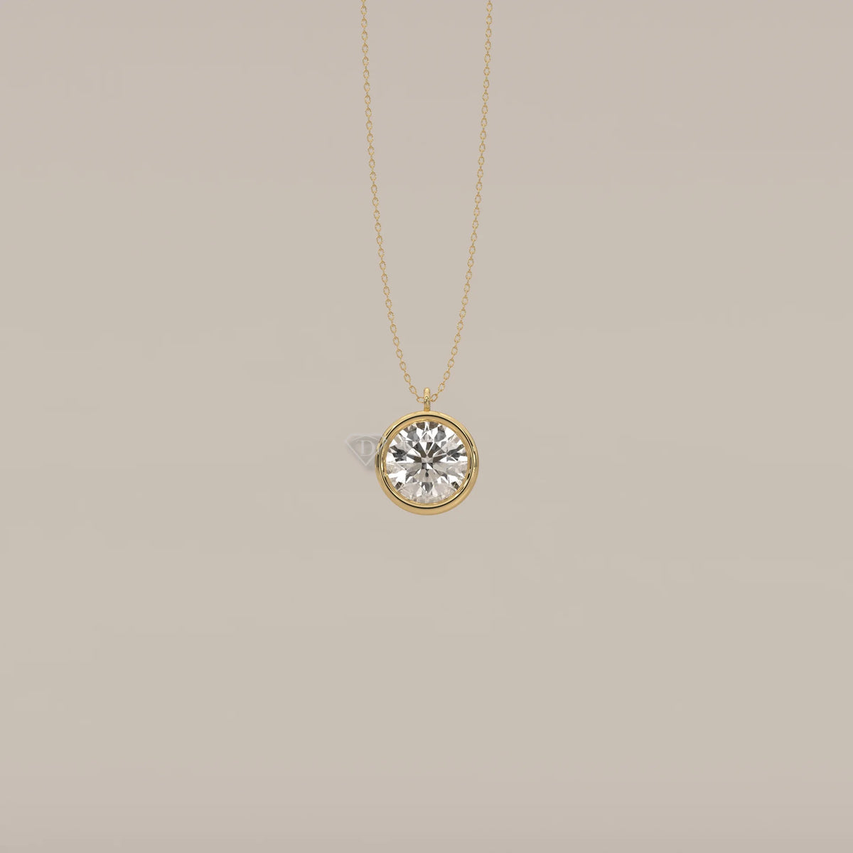 Gold pendant necklace with a large round diamond in a bezel setting.