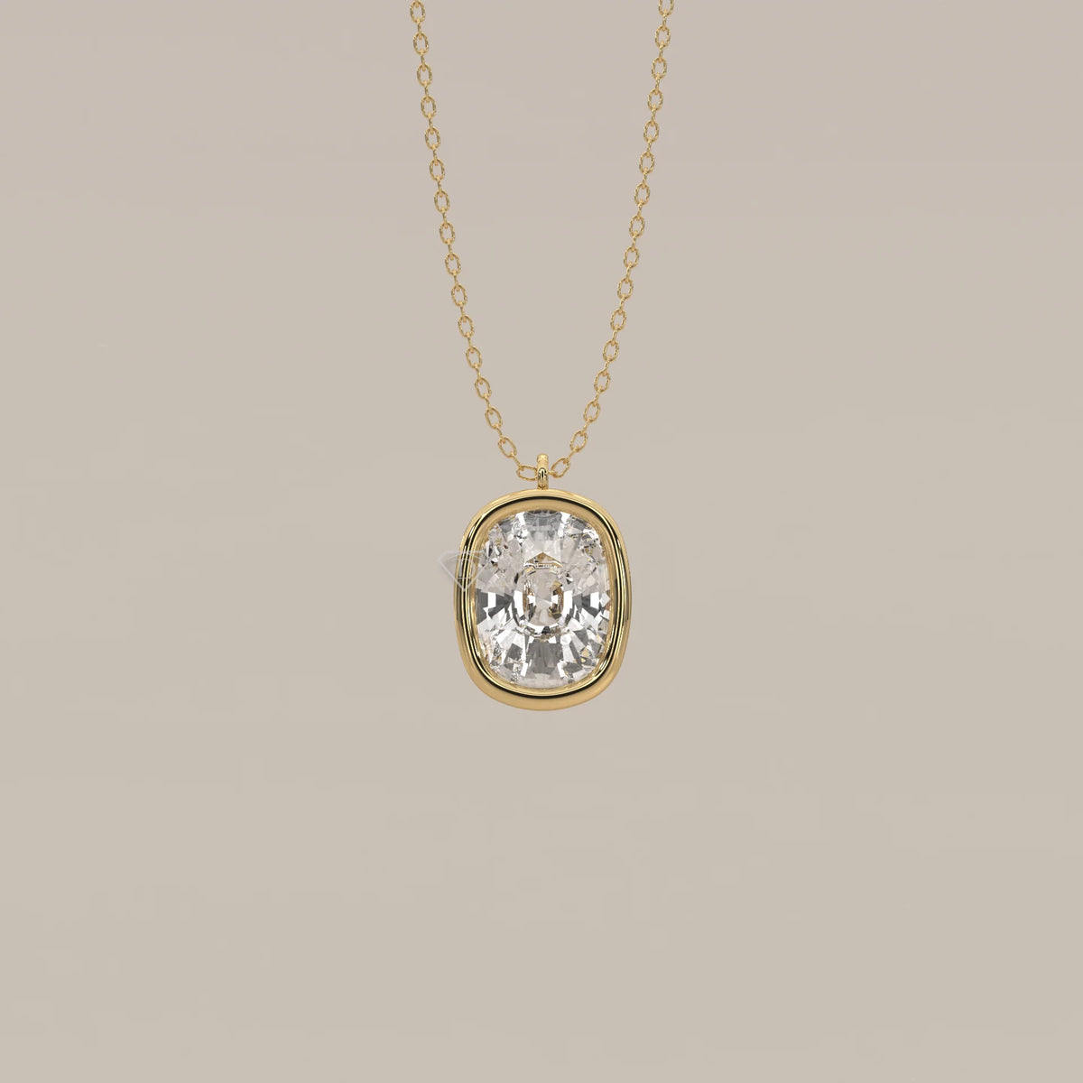 Gold necklace with a large, cushion-cut diamond pendant.