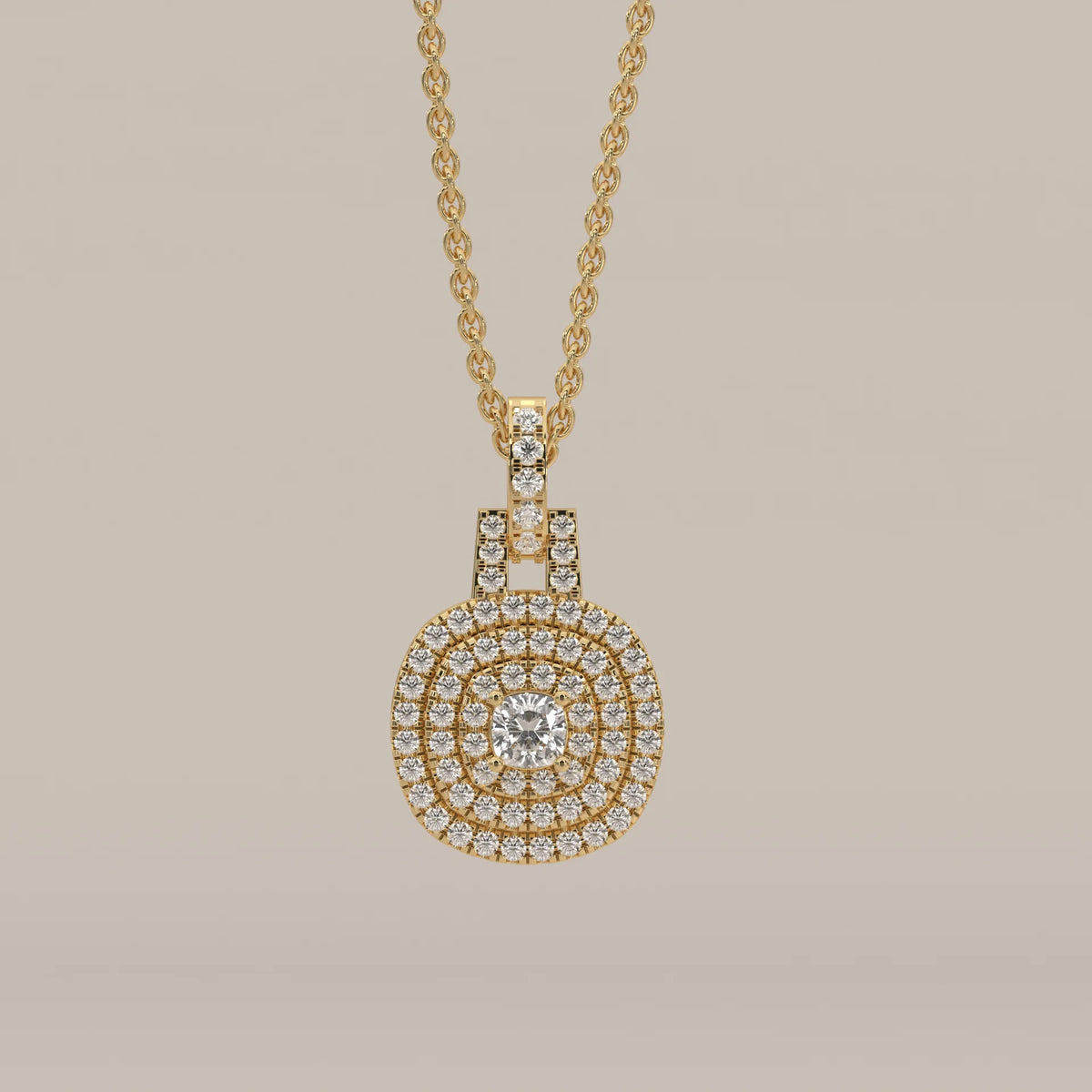 Gold pendant with double halo of diamonds surrounding a central diamond.