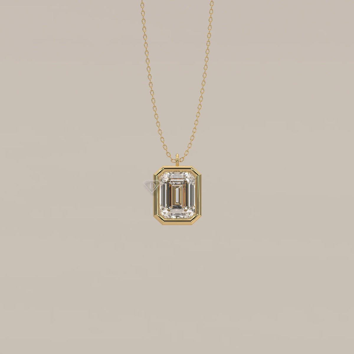 A gold necklace featuring a large emerald-cut diamond pendant.