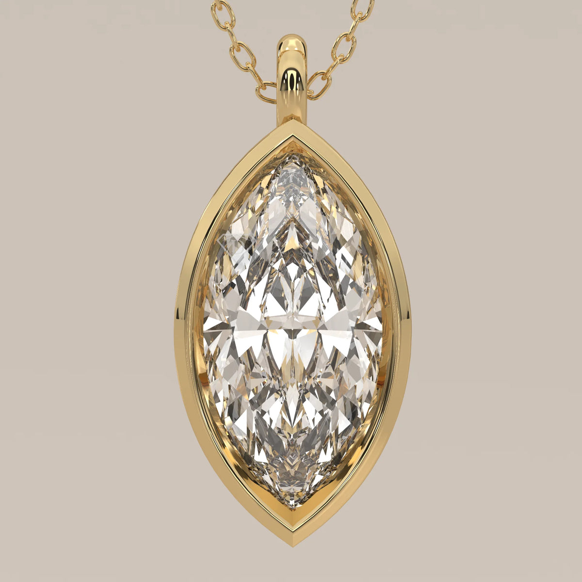 Elegant 14k gold pendant featuring a large, brilliant marquise-cut diamond.