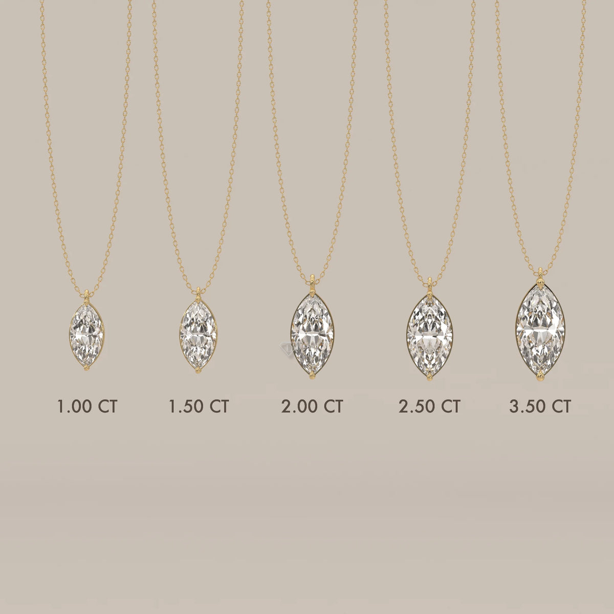 Five yellow gold pendants with marquise-cut diamonds of varying sizes.