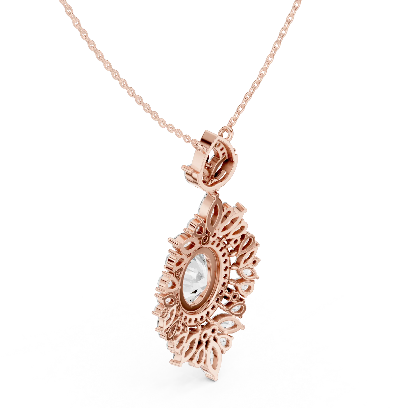 Front-View: Oval Diamond Pendant with Halo Setting in 14k Rose Gold - Lab Grown - Driona Jewels